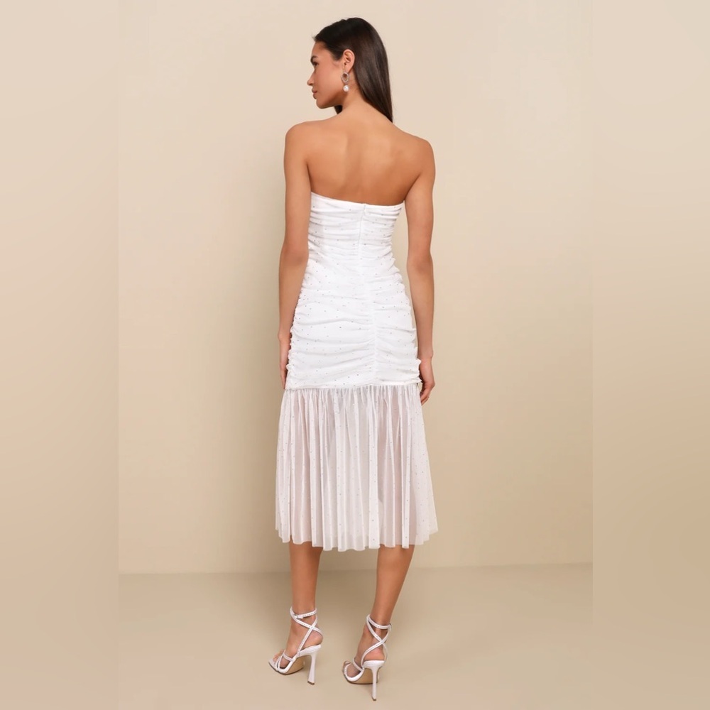 Lulus Medium‎ Sparkling Babe White Mesh Rhinestone Ruched Strapless Midi Dress - Picture 3 of 6